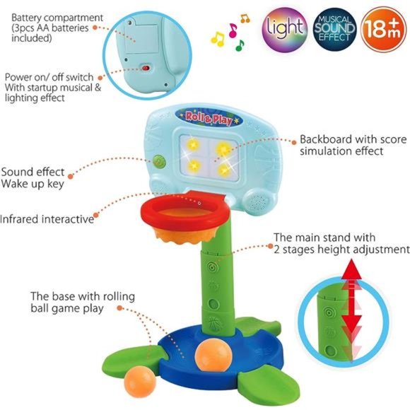 Basketball Hoop for Kids, 2 in 1 Adjustable Sports Toy Set with Light and Music - Picture 4 of 7